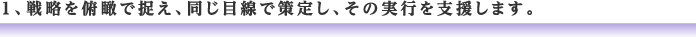 1、戦略を俯瞰で捉え、同じ目線で策定し、その実行を支援します。